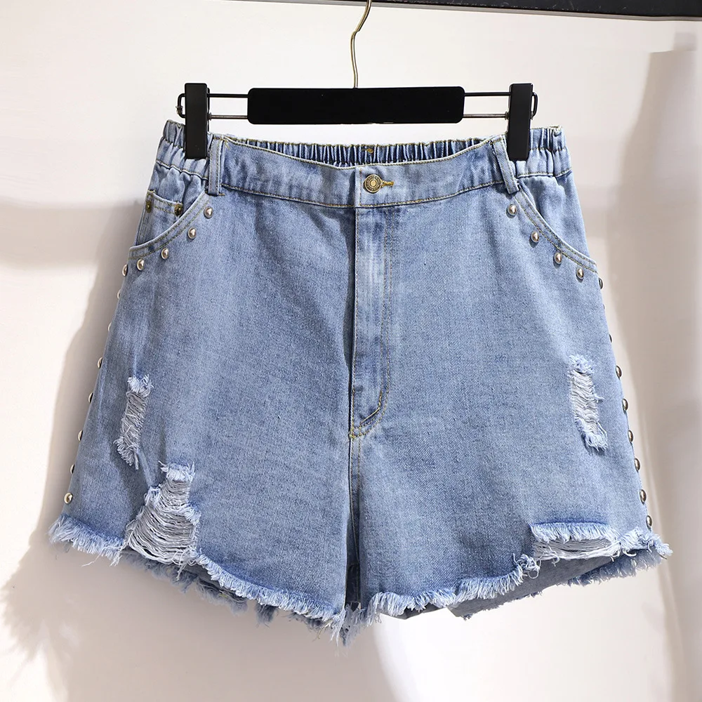 New  women's 2022 summer denim shorts with holes and beaded straight wide-leg pants Casual Belted Short Pants