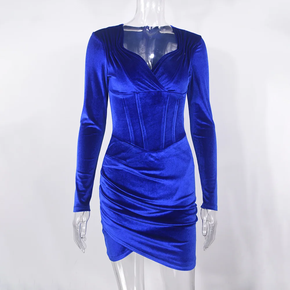 Elegant Velvet Party Dresses Women 2021 Autumn Fashion New Long Sleeved Fish Bone Folds Korean Dress |