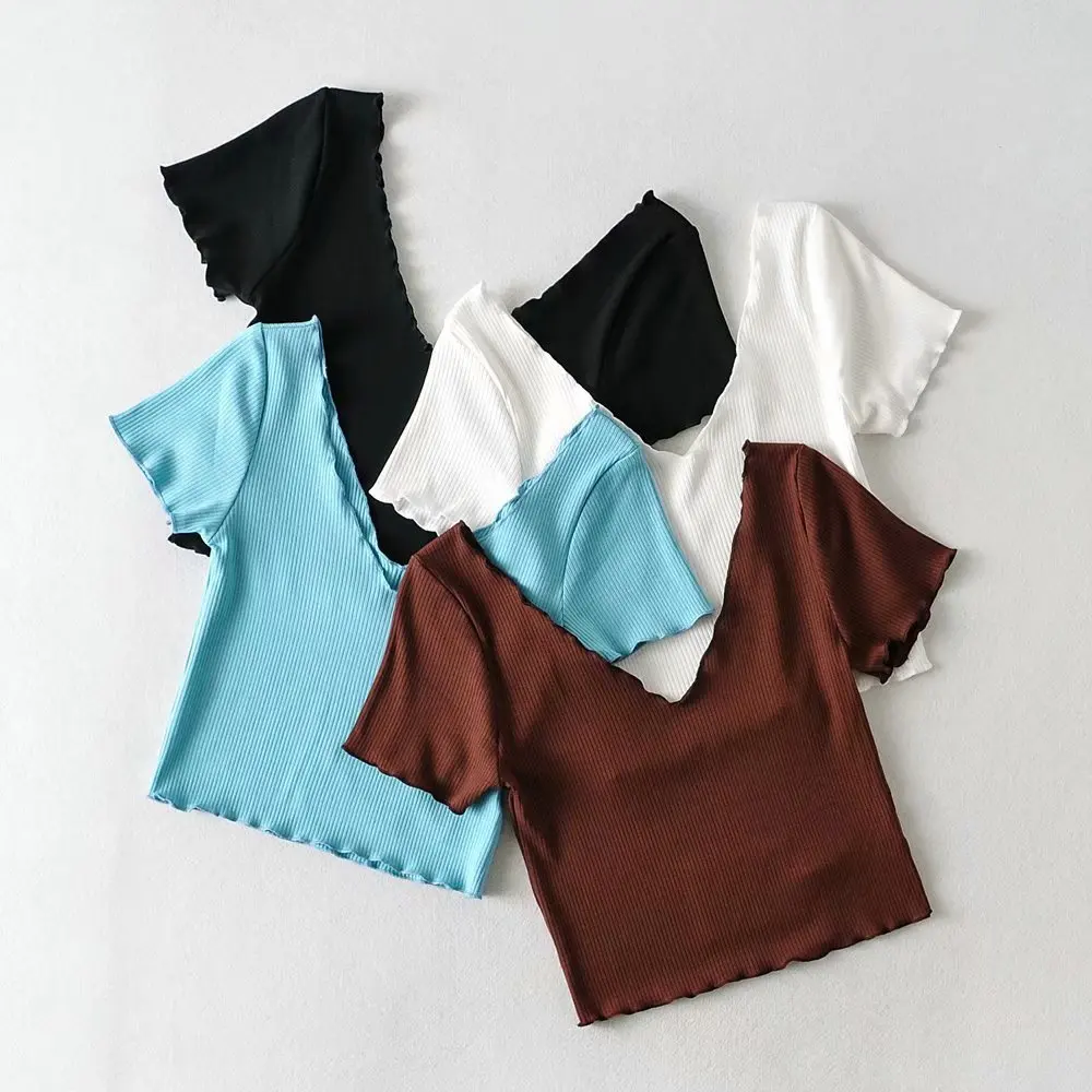 

Футболка женская хлопковая однотонная с V-образным вырезом и коротким рукавом