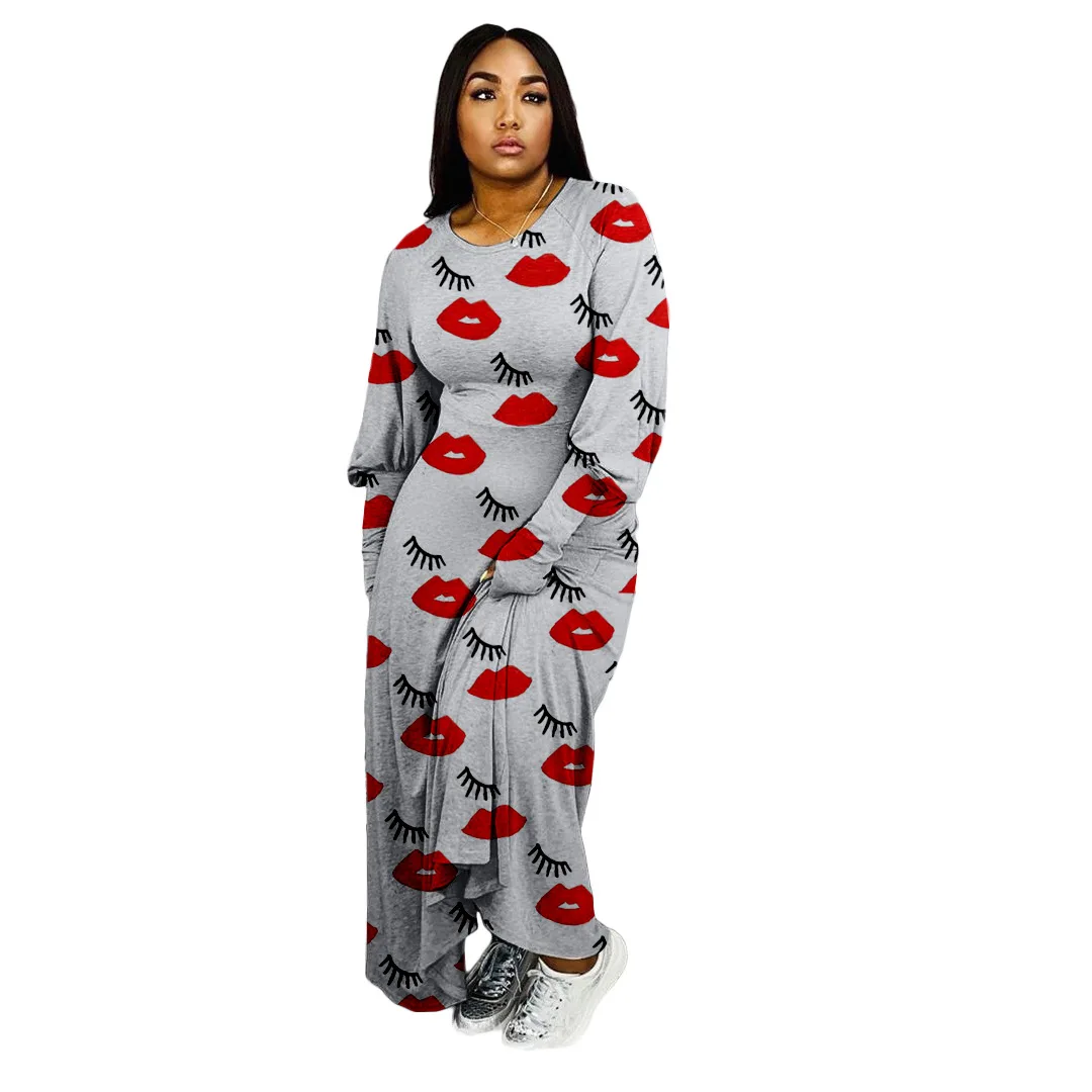 

2020 New Autumn Women Dress Casual Style Solid Color Poker Spades Q & Lips Print Lantern Sleeves Loose Maxi Dress