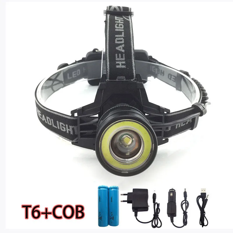 

Двойной светодиодный налобный фонарь COB + T6 головной светильник linterna Мощная Вспышка светильник кемпинга Рыбная ловля фонарь светильник 18650 ...