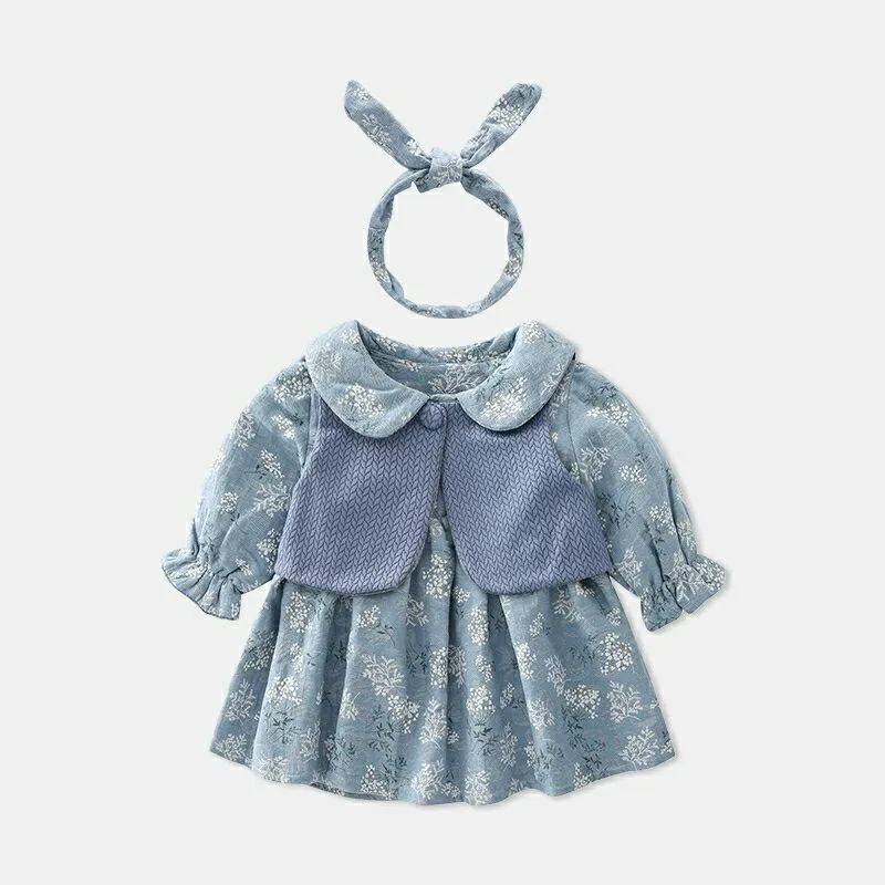 

Autumn Baby Girls Clothes Set Baby Dress+Cardigan Waistcoat+Hairband 3pcs/set Infant Newborn Kids Children Suit Sets 0-5Y