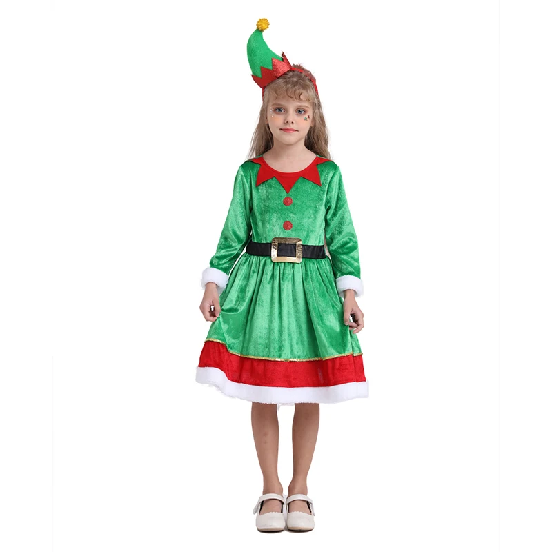

Santa Elf Costume With Hat Headband Green Santa Elf Dress Kids Girls Christmas Party Outfit Fairy Elf Clothing