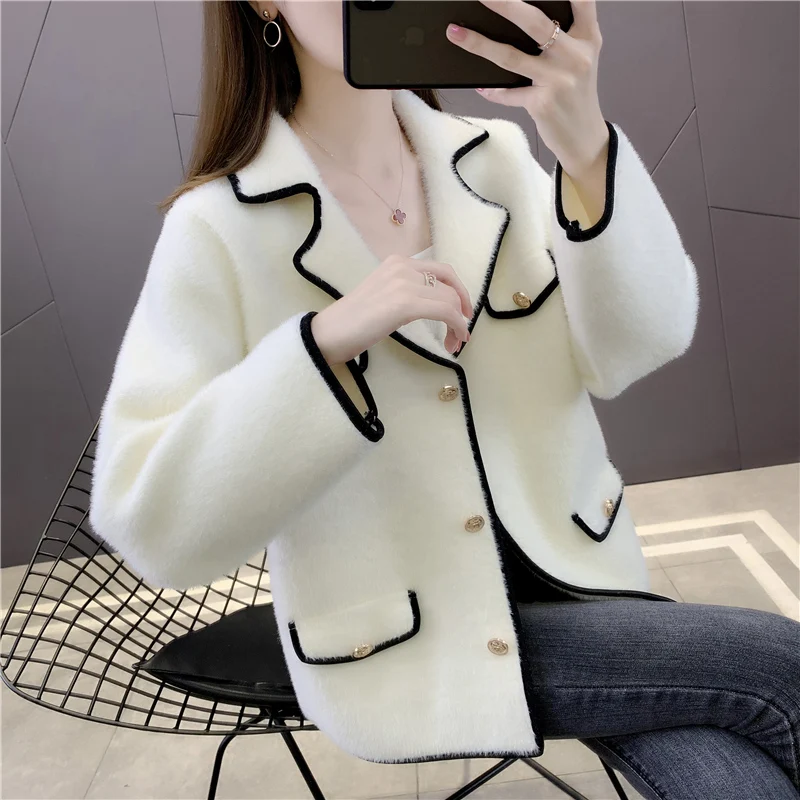 

Room 209874 on 2 row 7 】 collaosed imitated mink coat collar cashmere knitting cardigan pocket [3056] 60