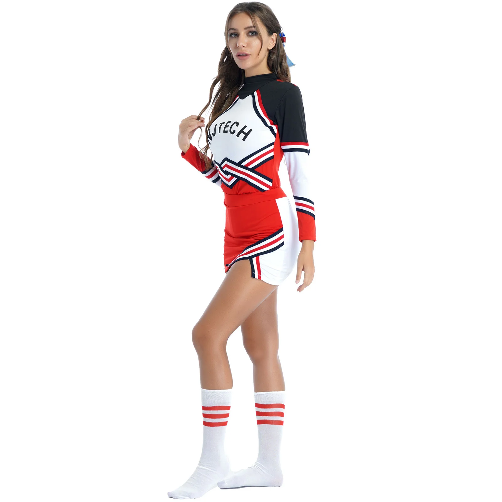 TiaoBug женский Школьный костюм Чирлидера наряд с круглым вырезом длинным рукавом