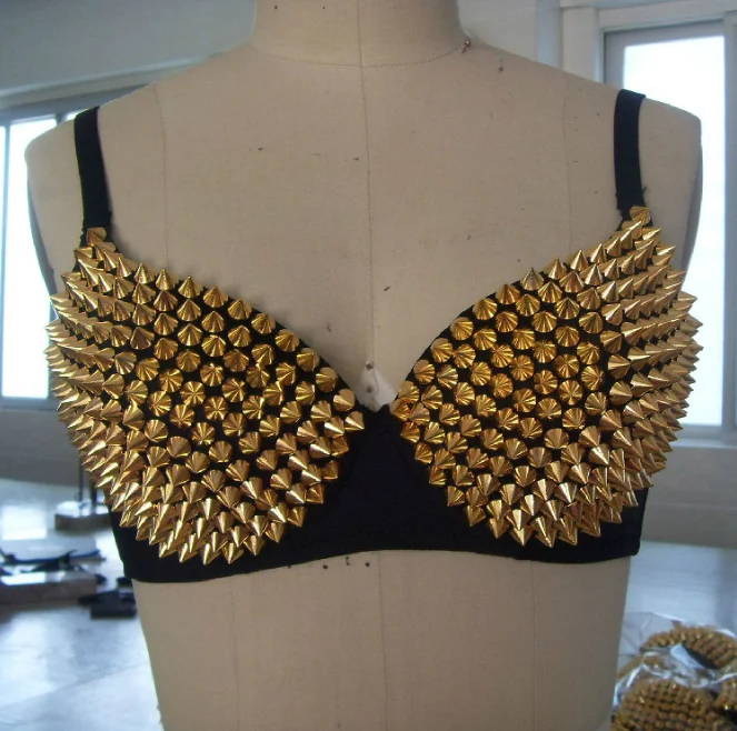 

Sexy Bras Women Party 2021 New All-over Spike Rivet Metallic Punk Dance Push Up Bra Nightclub Costumes Bras Bralette Encaje Gold