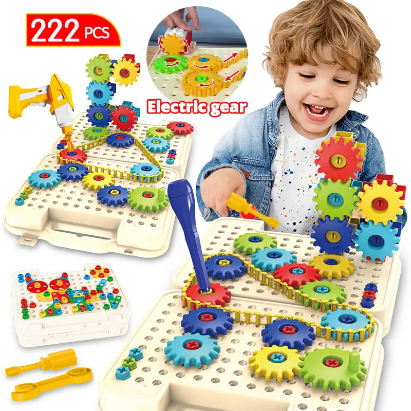 Tornillo de perforaci&oacute;n DIY para ni&ntilde;os, rompecabezas creativo, bloques de construcci&oacute;n, juego de engranajes el&eacute;ctricos t&eacute;cnicos 3D de ciudad, montaje, juguetes educativos-0