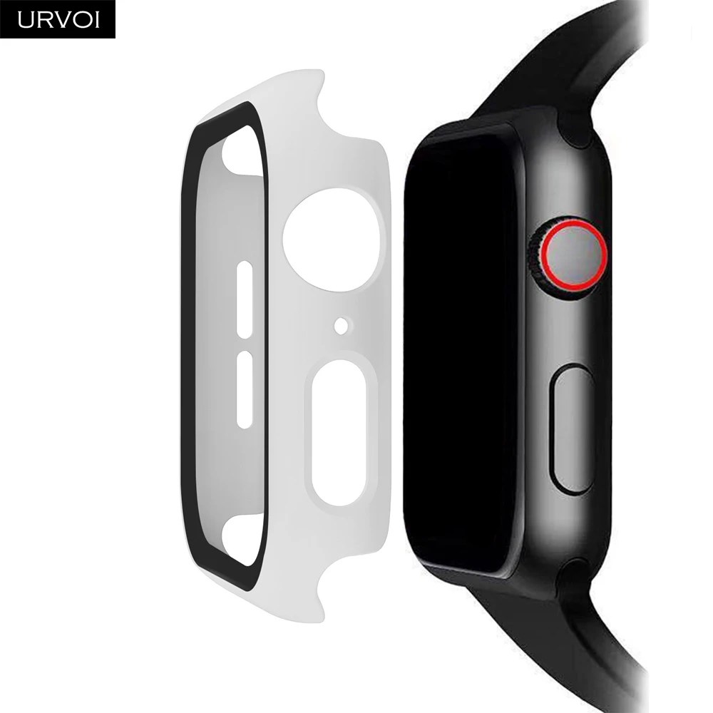 Whte URVOI полное покрытие для Apple Watch series 5 4 3 2 Чехол 40 44 м матовый пластиковый бампер с закаленным стеклом для iWatch Pine Green band - Цвет: Whte
