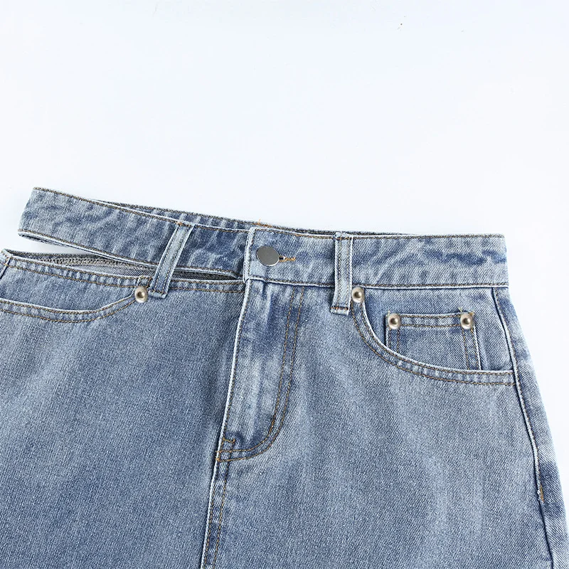 

2021 New Hollow Denim Skirt Women Summer Blue Solid Casual High Waist A Line Denim Skirts Pockets Button All-Matched Jeans Skirt