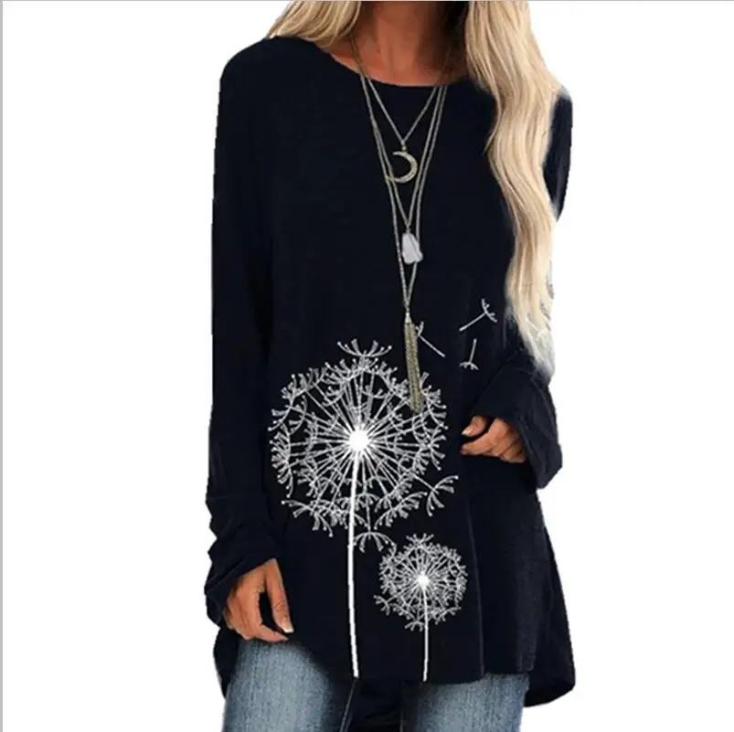 black dandelion Женская туника, топы размера плюс 5XL, осенне-зимняя повседневная футболка с круглым вырезом и принтом, топы с длинным рукавом и принтом, blusas mujer de moda - Цвет: black dandelion