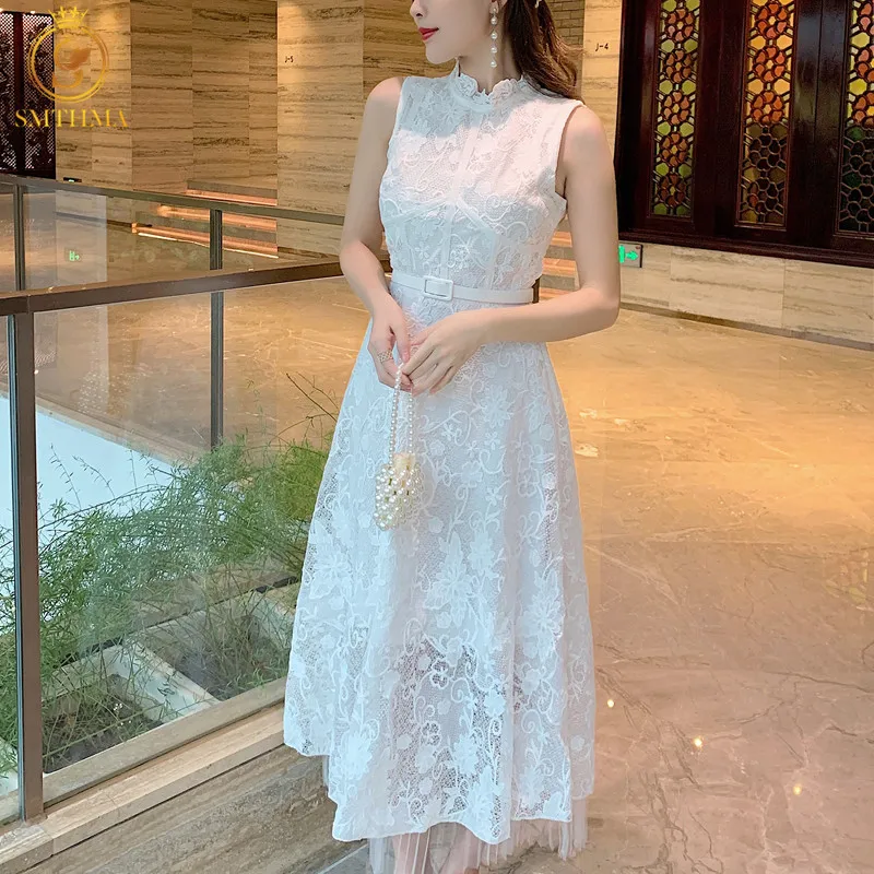 

SMTHMA Новое модное вышитое цветочное кружевное Открытое платье без рукавов, Дамское темпераментное Летнее Длинное Платье Vestidos