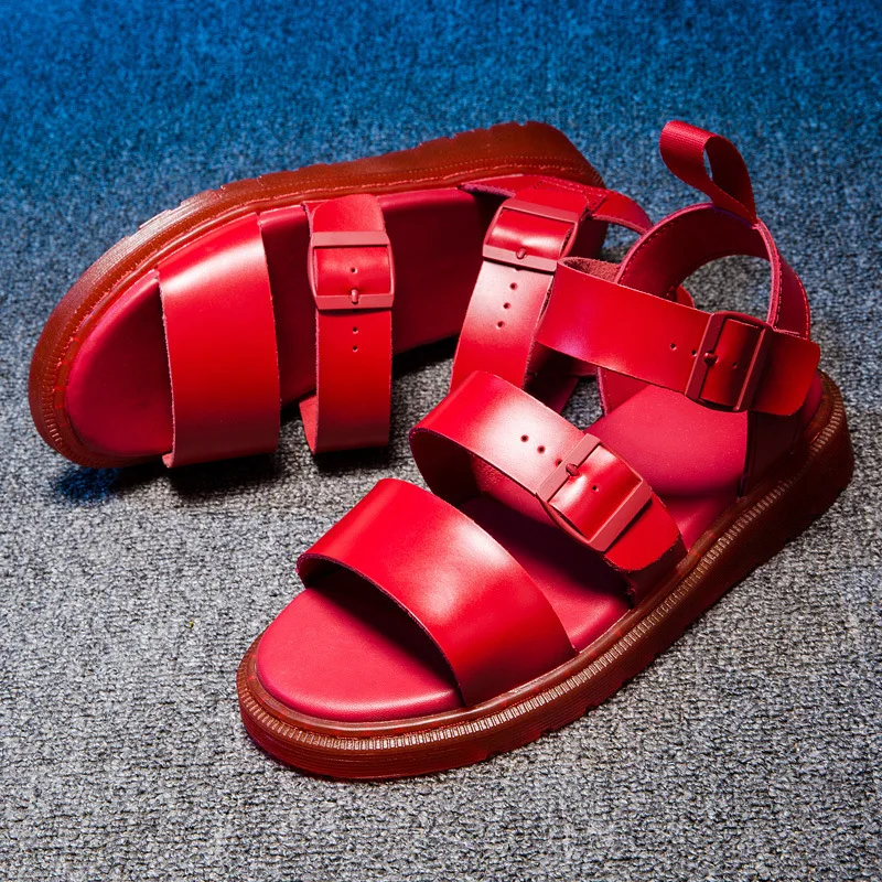 Сандалии женские кожаные с пряжкой босоножки на толстой подошве туфли цвет