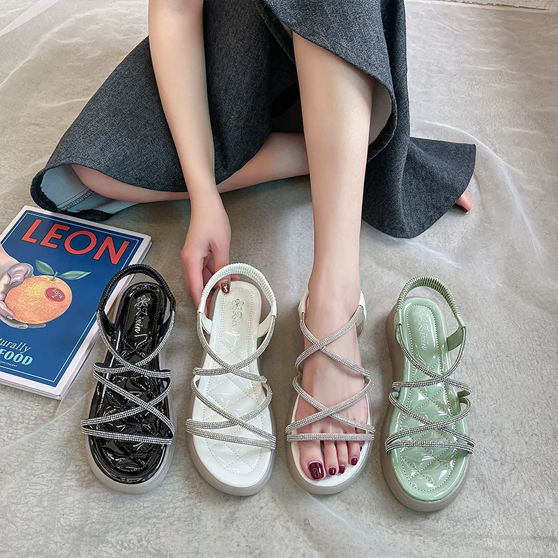 

2021 Sandals Female Shoe All-Match Med Clear Heels New Girls Fashion Medium Summer Rubber Slipper Basic Rome PU Microfiber Scand