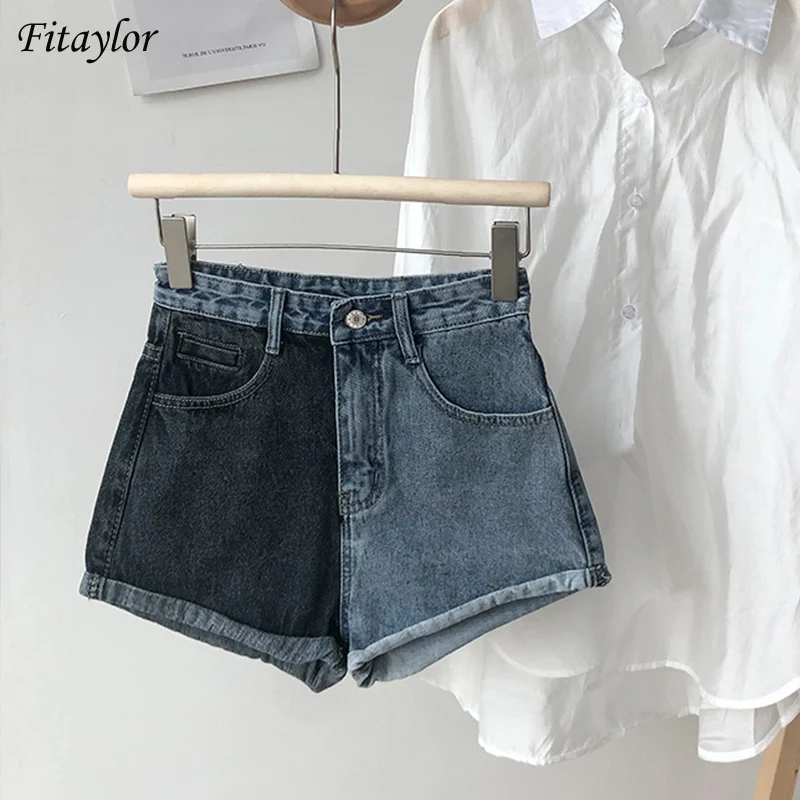 

Fitaylor Summer Women Splicing Denim Shorts Slim Elastic Cuffs Wide Leg Jeans Fashion Lady High Waist Comfortable A-line Shorts