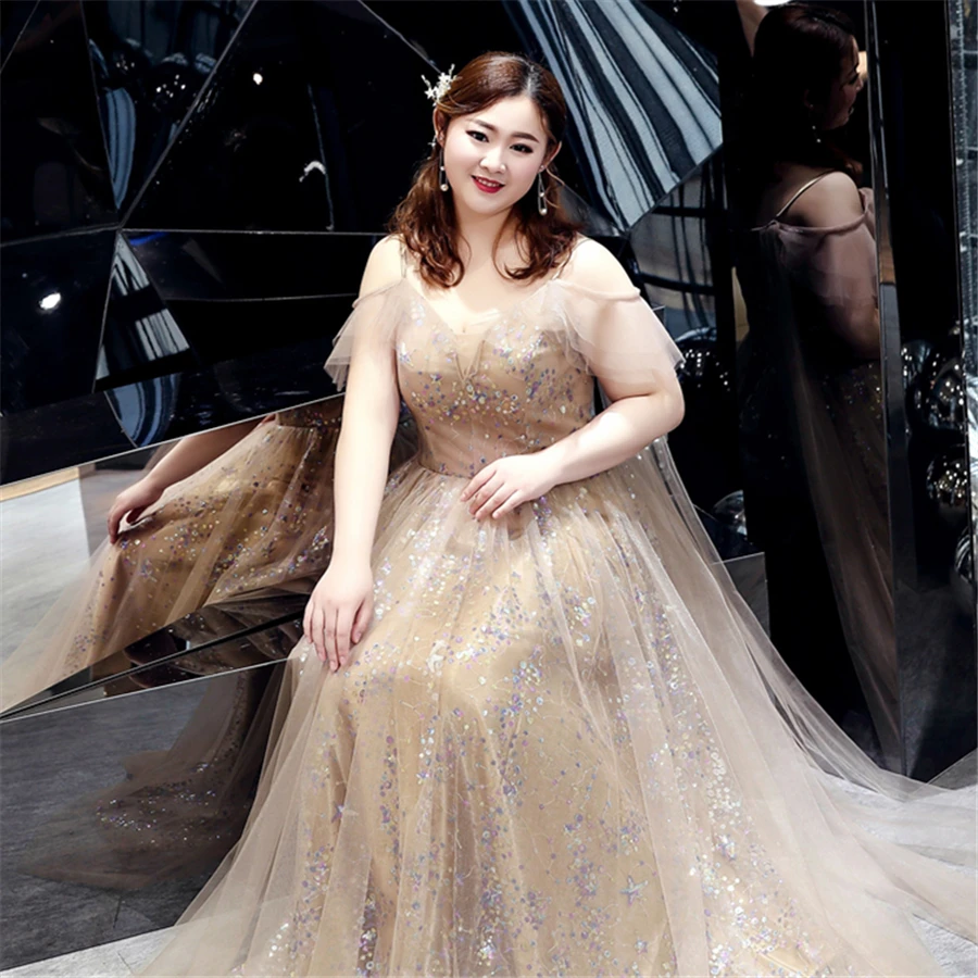 Sling Evening Gowns Deep V-neck Robe De Soiree 2019 Plus Size Short Sleeve Women Party Dresses Sequins Brown Dress T100 | Свадьбы и