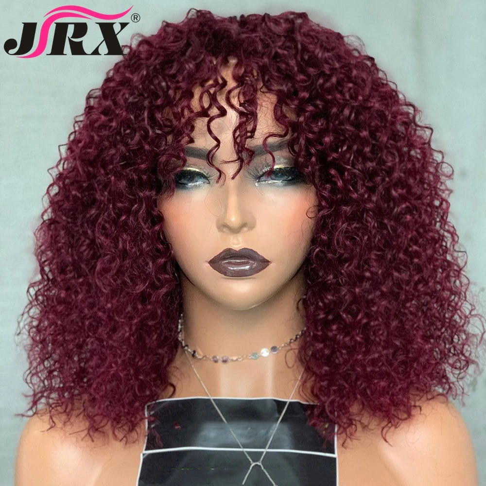 

Malaysian Curly Full Machine Made Wigs For Women Ombre Burgundy Remy Hair Glueless Afro Kinky Curly 99J Colored Wigs With Bangs
