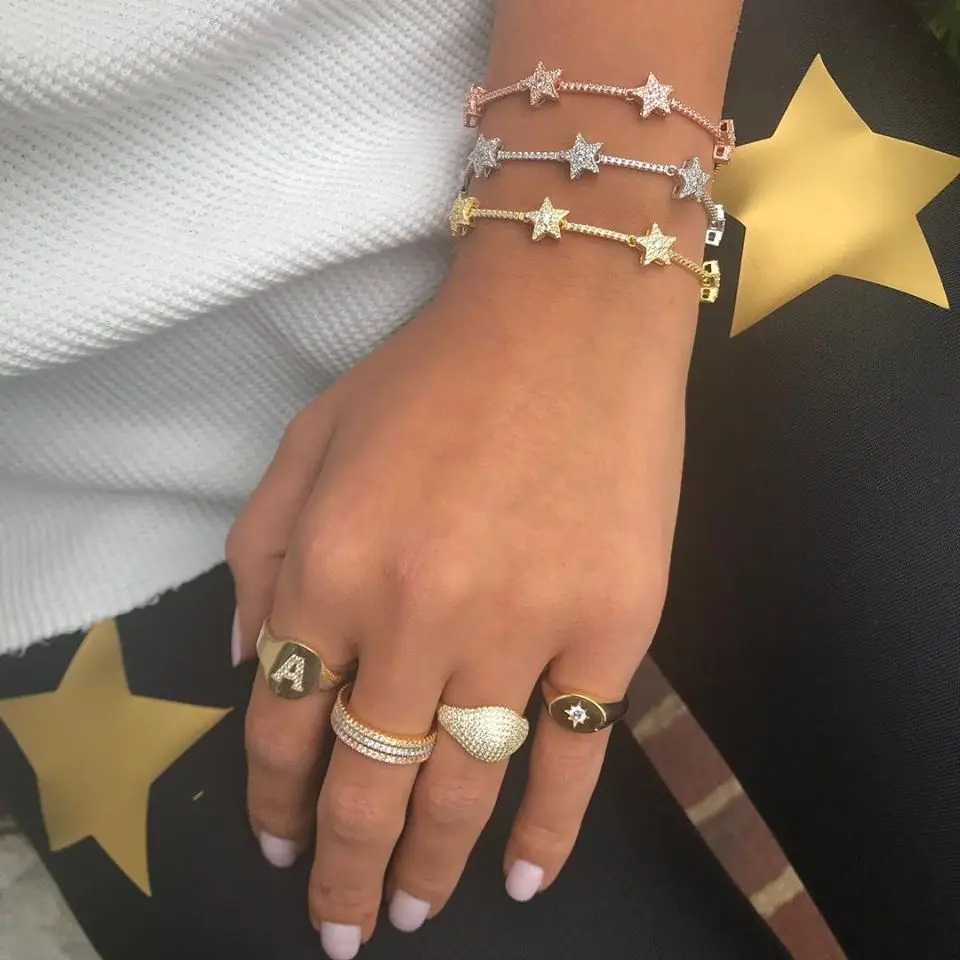 Льдом Bling CZ и очаровательными звездами Бар Цепь браслет ювелирные изделия для