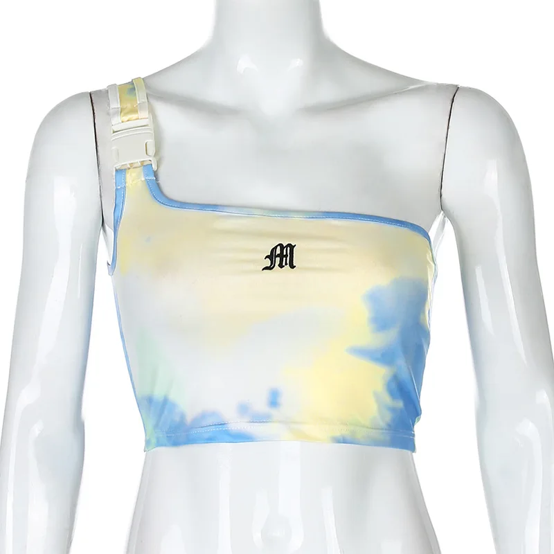 

Sleeveless One Shoulder Crop Top Letter Tie Dye Print Tank Top Sexy Backless Women Summer Casual Short Vest Female Clothes