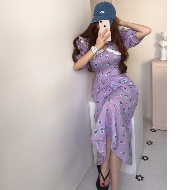 

One-Piece Women Dress Summer Vintage Elegant Peter Pan Collar Floral Robe Dress Korean Chic Dots Print Dresses Clothing Vestidos