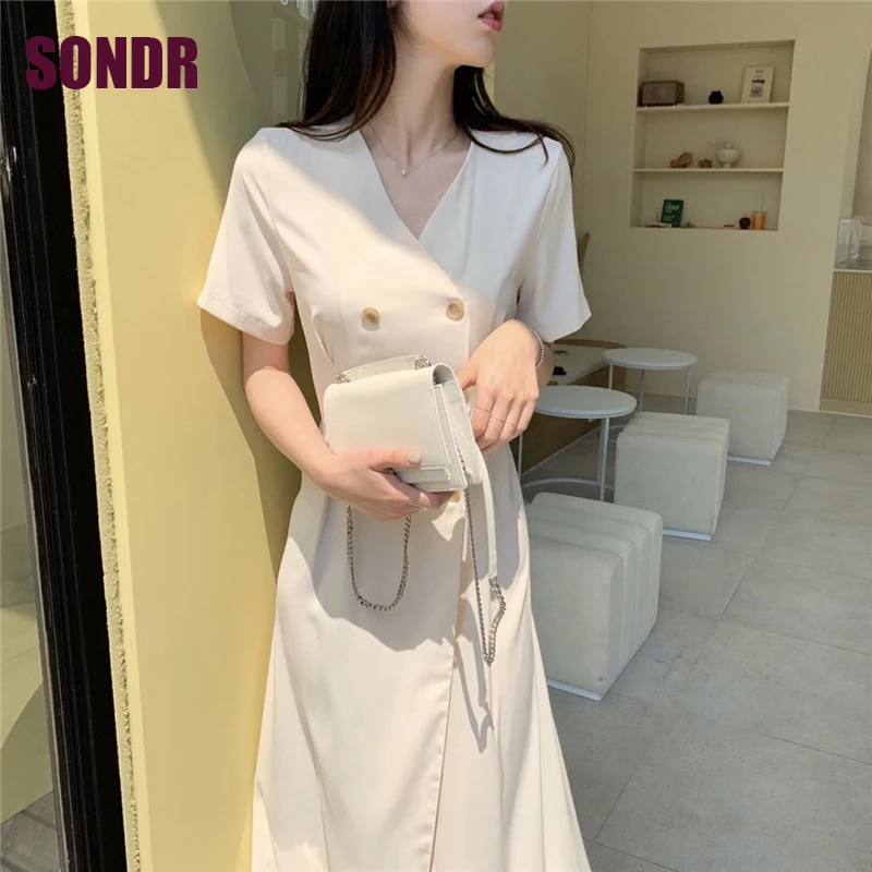 

Elegant Office Worker Women'S Dress Korean Chic V-Neck Cotton Linen A-Line Long Dress Female Solid Color Simple Summer Dresses