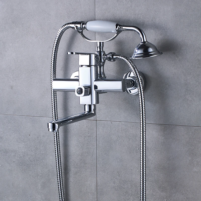 Chrome Wall-Mounted European Style Bathtub Faucet Telephone Flexible Rotating Spout Ceramic Handle Bathroom | Обустройство дома