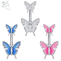 zs 1 piece double butterfly design cz crystal belly ring 14g stainless steel navel belly button ring belly piercing body jewelry