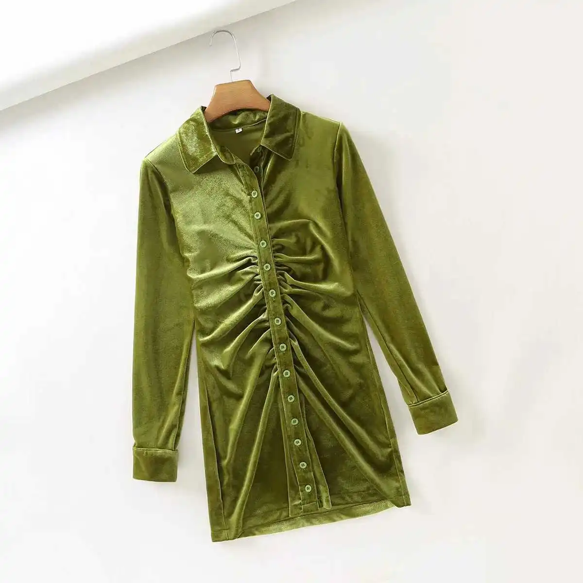 

French velvet dress autumn 2020 new fashion single breasted Lapel elastic pleated shirt skirt