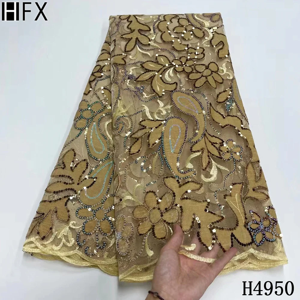 

HFX Nigerian French Velvet Lace Fabric With Sequins 2021 High Quality Embroidery African Net Lace Fabric For Wedding Party F4950