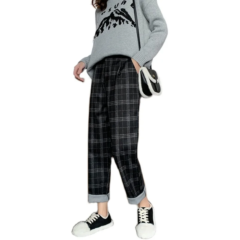 

Casual women's trousers 2020 autumn and winter plus size black high-waist plaid casual pants women's loose pants