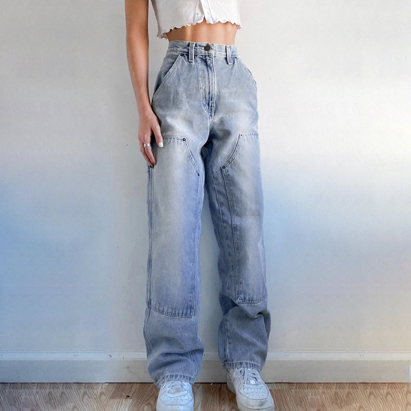

Y2K High Waist Staright Cargo Jeans Women Retro Denim Pants Woman Stitching Large Pockets Denim Trousers Street Aesthetic