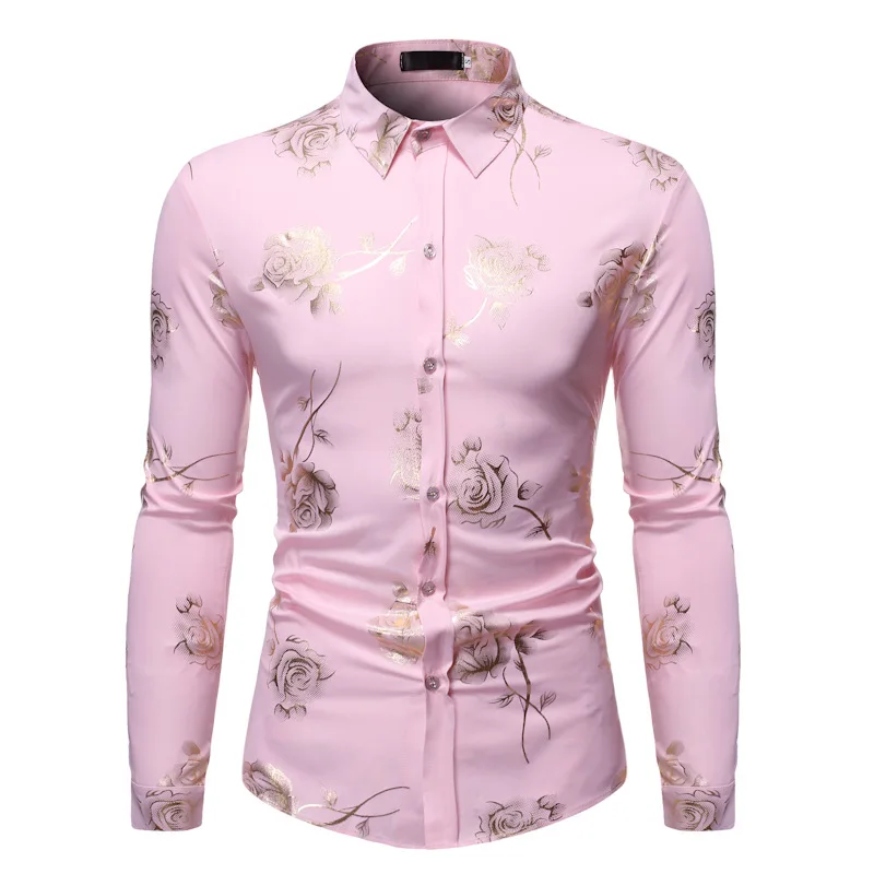 

3D Golden Rose Floral Print Slim Fit Shirt Men 2021 Spring New Long Sleeve Mens Dress Shirts Party Wedding Tuxedo Shirt For Men