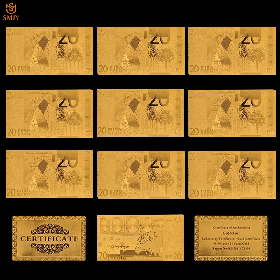 

10Pcs/Lot Euro Souvenir Currency 20 Euro Gold Banknote Banknote Gold Foil Money Banknote Collection Bank Bills Set