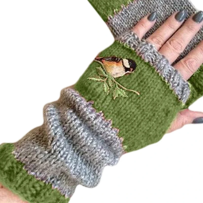 

Women Winter Knitted Fingerless Gloves Bird Embroidered Color Block Splice Half M5TE