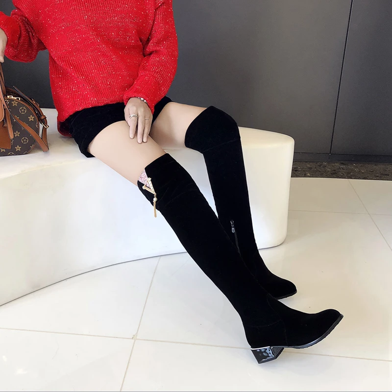 

2020 New arrive 4cm med heels boots for women autumn winter flock stretch over the knee boots black fashion shoes woman