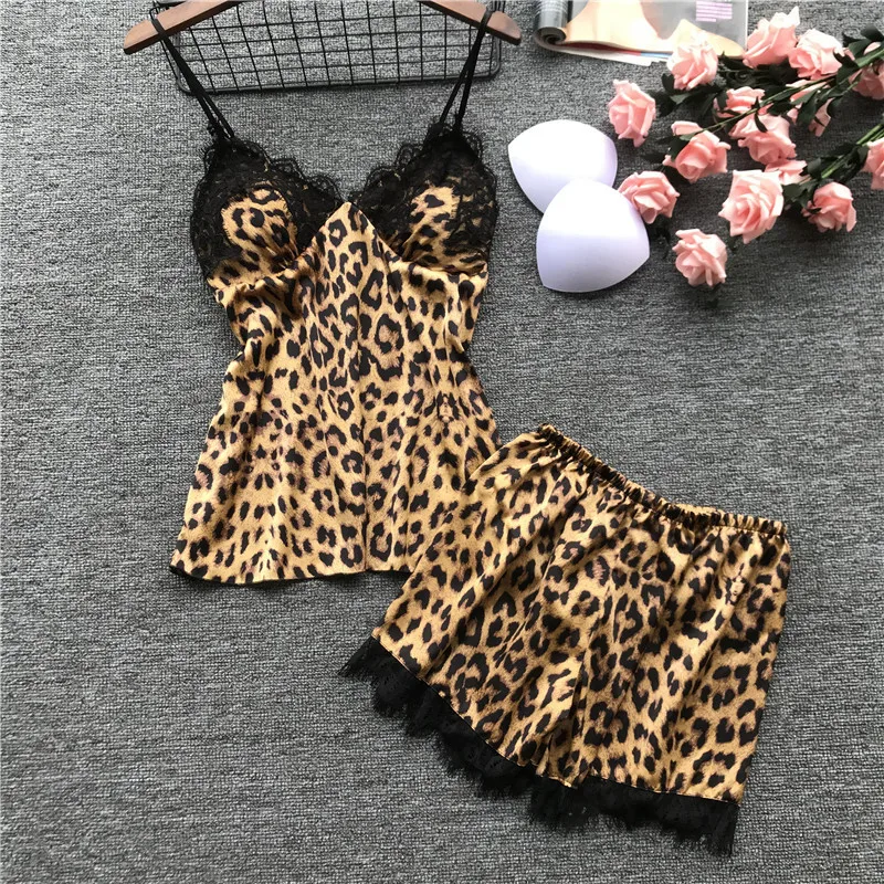 

Lisacmvpnel Spring New Leopard Sexy Lace Pajama Set With Chest Pad Spaghetti Strap Twinset Sleepwear For Women