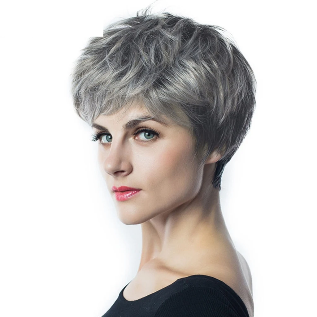 

10" Women Short Layered Synthetic Hair Full Wigs With Cap Gray Black Root