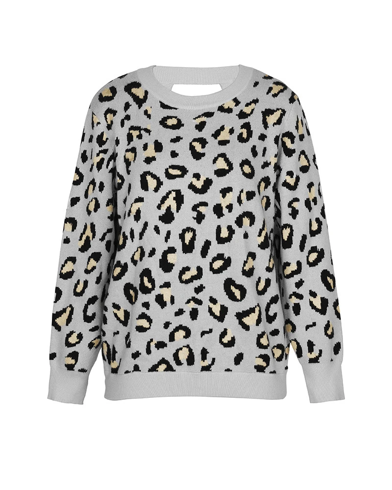 

Hollow Out Back Women's Pullovers Leopard Pattern Long Sleeve Casual Knitted Sweater 2020 Autumn Winter Clothes Loose Sweaters