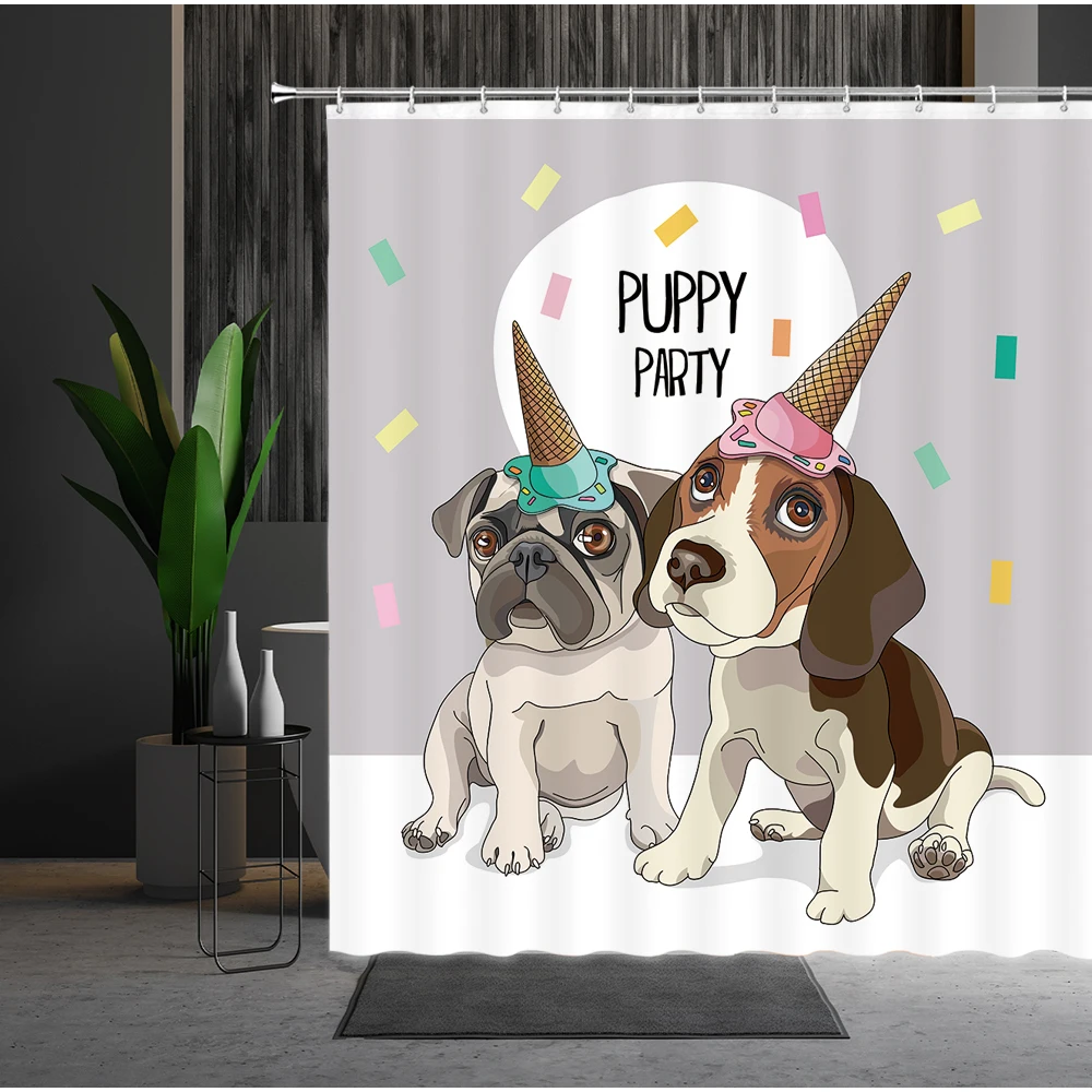 

Dog Print Shower Curtain Animal Kids Funny Cute Bulldog Bathroom Decor Cloth Set Waterproof Fabric Home Supplies Bath Curtains