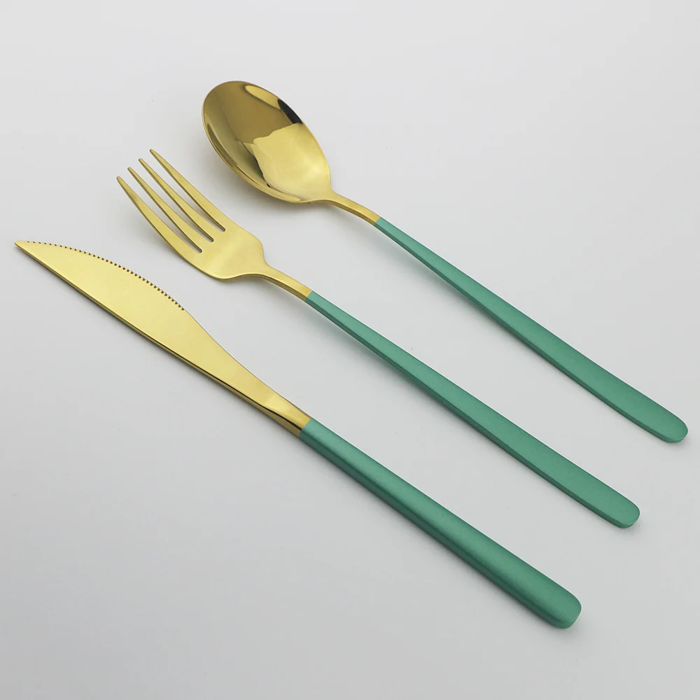 Столовые приборы из нержавеющей стали портативные столовые зеленого золота 18/10