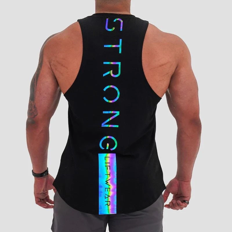 

Luminous Gyms Clothing Mens Bodybuilding reflective Tank Top Cotton Sleeveless Vest Sweatshirt Fitness Workout Sportswear Tops