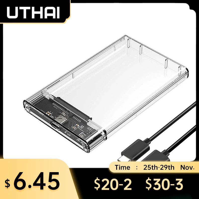 Корпус для жесткого диска UTHAI T09 USB3.0/Type-C 2,5 дюйма, прозрачный, с кабелем USB C - изображение