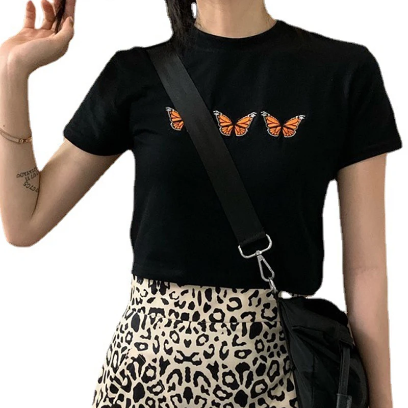 

Summer New Round Neck Short Sleeve Crop Top Woman T-Shirts Gothic Black Butterfly Print Fashion Tops