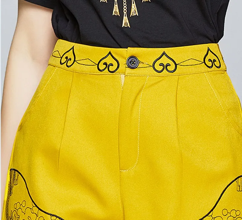 

summer Embroidery Suit Shorts Women Short Sleeve O Collar Black Shirt Top + High Waist Pocket Shorts 2 pieces Sets