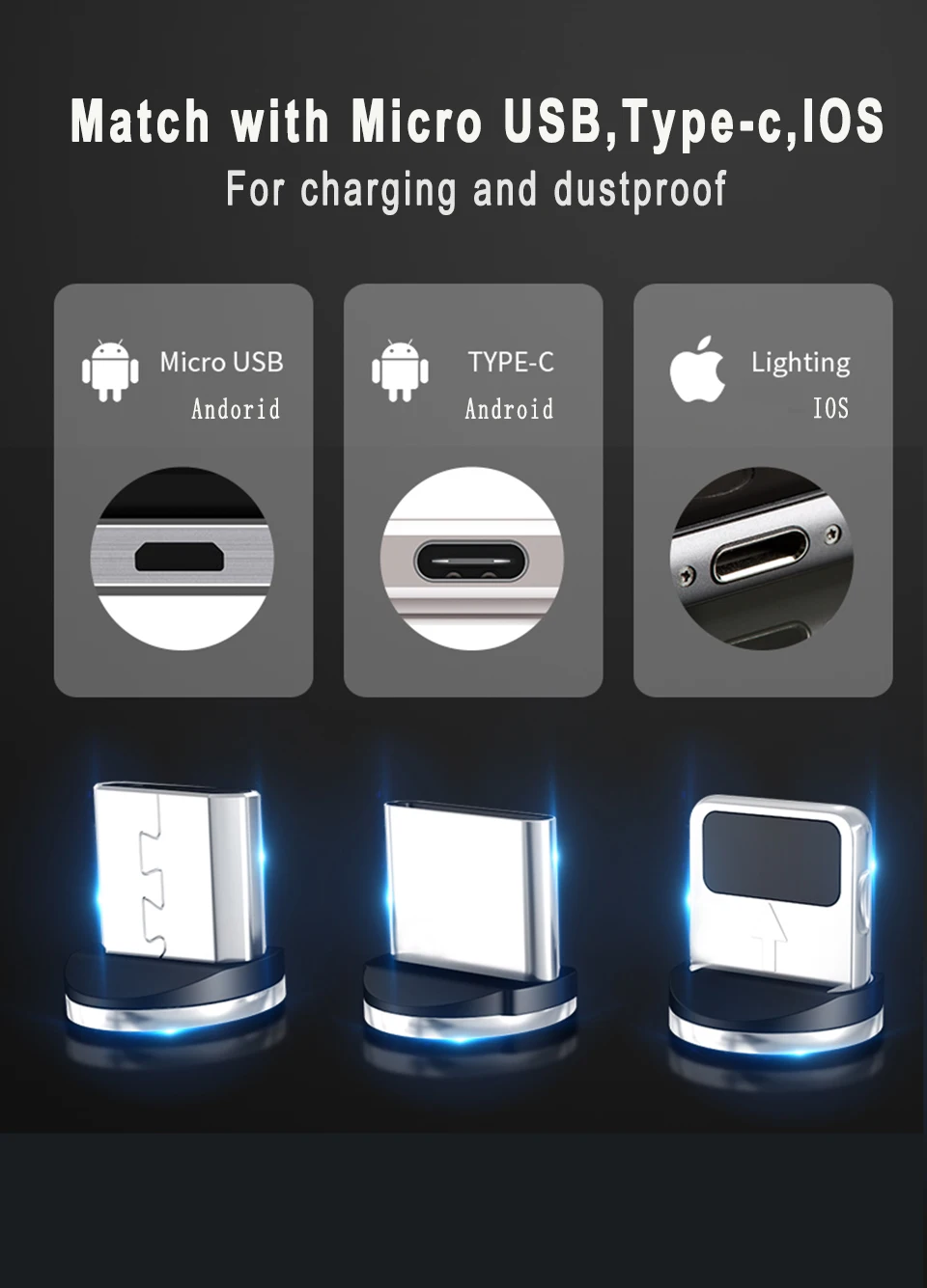 Вы первый Usb-c кабель Micro USB Магнитный кабель type C провод для iPhone металлический штекер светодиодный зарядный кабель 1 м/2 м для Android ios
