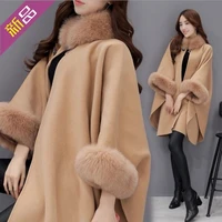 2020 new beautiful fashion korean style fox fur collar mid length woolen coat temperament cape and shawl woolen coat for women