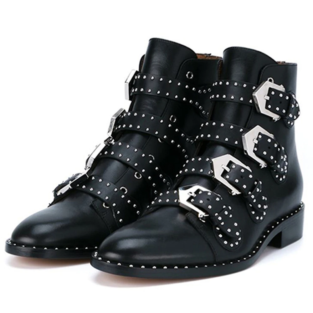 Женские ботинки с заклепками LOVIRS черные мотоциклетные из натуральной кожи