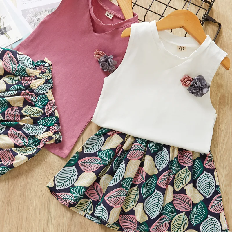 

27Kids Girls Clothes Sleeveless Solid Color Floral Top Leaf Print Skirt Striped Clothes Suit 3-7Years