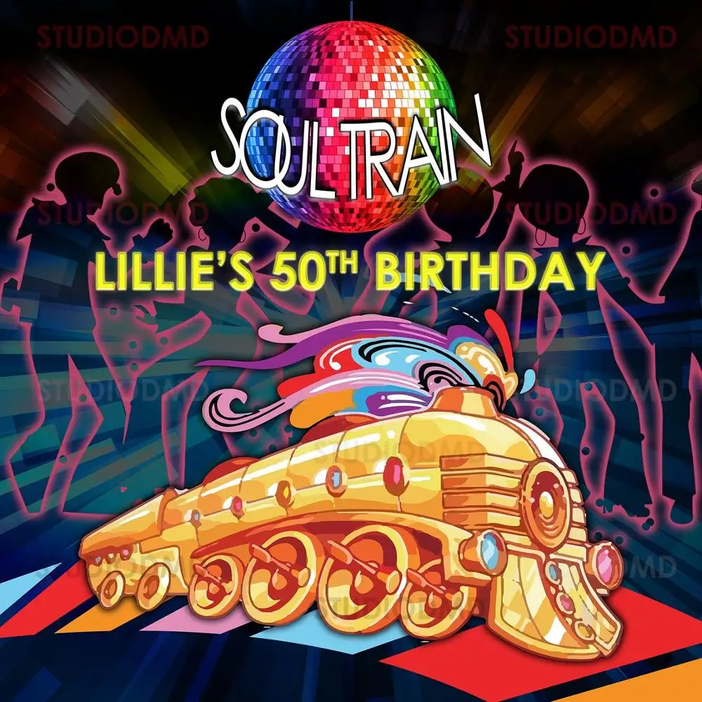 

Пользовательский 60s 50s душа поезд Диско Музыка танцевальный шар светильник День Рождения фотография Фон фотографии качественный винил