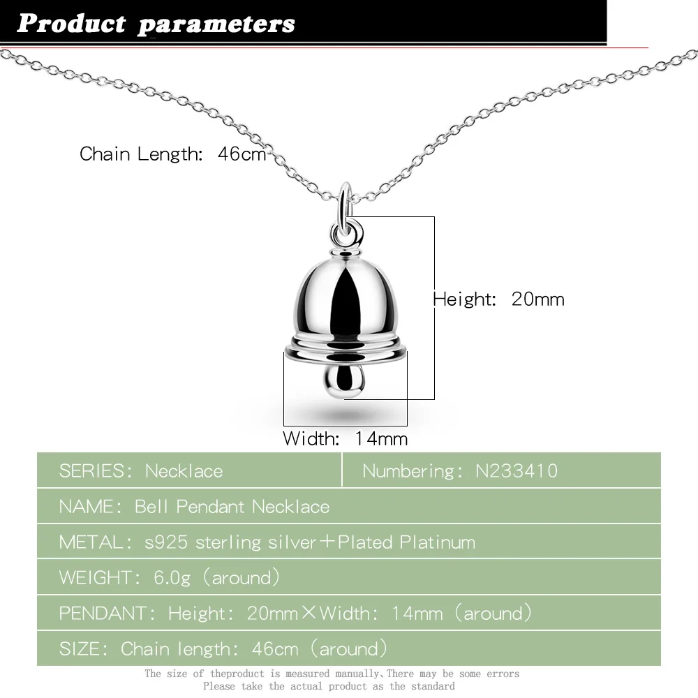 Подарок на Новый год 925 серебро колокол ожерелья с милой Кулоны из нержавеющей