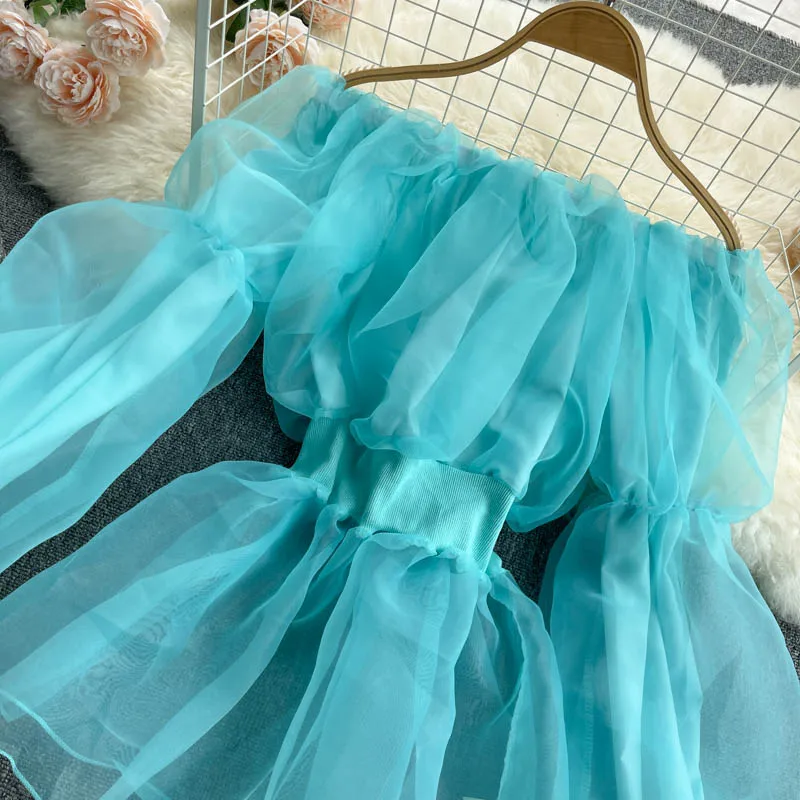 

Women Blouses Fashion 2021 Summer Shirts Top Organza Puff Sleeve Off Shoulder Female Elegant White Tunics Long Sleeve Top